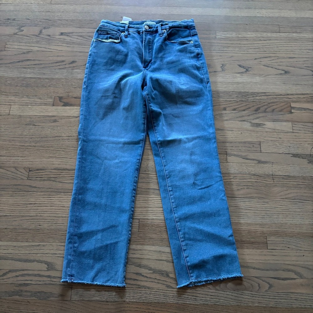 Good American Good Straight Raw Hem Jeans Blue 12/31 GSPFFH941T High Rise NWT